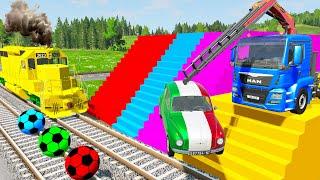 Monster Truck Long Flatbed Trailer Tractor Rescue Cars - Funny Cars Transportation Cars vs Train