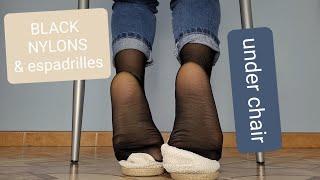 #98 sheer black pantyhose and white espadrilles shoeplay on the ground under chair + no shoes