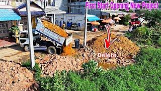 Perfectly Start Project Komatsu D31P Bulldozer Push Soil in Flood area Landfill by trucks