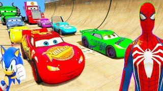 SPIDERMAN McQueen Vs MACK TRUCK on MEGA GODZILLA RAMP Challenge  SUPERHERO HULK Disney Cars - GTA V