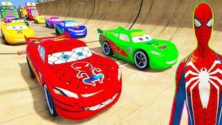 SPIDERMAN McQueen Vs Disney CARS RAINBOW RAMP Challenge  SUPERHEROES HULK MACK Truck RACE - GTA V