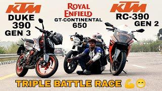 new ktm duke 390 gen 3 vs re gt continental 650 vs ktm rc 390 gen 2  triple battle race 