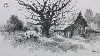 How to draw Easy Village Landscape Art with Pen Pencil  Pencil Tutorial