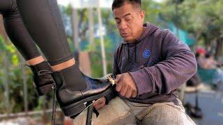 BOOTS On FIRE  Street Shoe Shine By Francisco   Mexico City ASMR SOUNDS