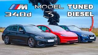 Tuned BMW diesel v new Tesla Model 3 DRAG RACE