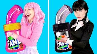 PINK VS BLACK FOOD CHALLENGE Eating Only 1 Color Challenge Wednesday VS Enid by Gotcha Viral
