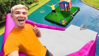 LAST TO LEAVE INFLATABLE ISLAND on BACKYARD POND WINS $10000 Pond Monster Hiding In Water Slide