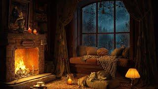 Rainy Night in Cozy Reading Nook ️ Soft Jazz Music ️ Heavy Rain Fireplace Sounds for Sleeping 4K