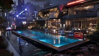 Luxury Home Of The Future With Beautiful Pool & Sci-Fi City Backdrop  Waterfall Sounds For Relaxing