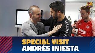 Andrés Iniesta pays a visit to Barça training session