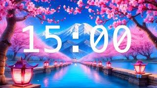 15 Minute Countdown Timer with Alarm  Cherry Blossoms and a River with Lanterns  Relaxing Music