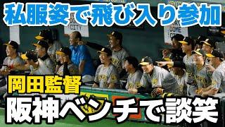 【私服姿の阪神ファン乱入？！】阪神ベンチにまさかの岡田監督が登場！青いポロシャツ姿で完全リラックスモード！江本さんらとニッコニコで談笑【巨人阪神レジェンズOB戦】2024.7.15