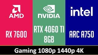 RX 7600 vs RTX 4060 TI 8GB vs ARC A750 - Gaming 1080p 1440p 4K