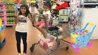 Kids Pretend play Shopping for healthy food and Toys funny video