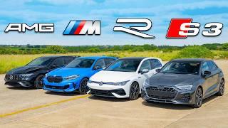 New Audi S3 v BMW M135i v AMG A35 v VW Golf R DRAG RACE