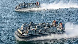 US Massive Landing Craft Air Cushion LCAC Performs Intense Beach Landing