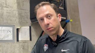 UNM coach Richard Pitino and guard Jemarl Baker Jr. after loss to San Diego State on Feb. 16 2024.