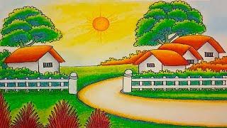 How to draw a village house scenery with colour  Landscape village scenery drawing with oil pastel