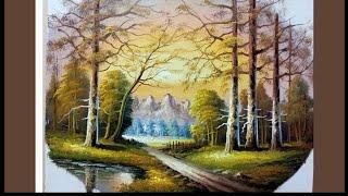 رسم غروب الشمس بين الاشجار بالالوان الزيتيه  Drawing a sunset among trees in oil colors