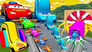 Big & Small Lightning Mcqueen vs Stairs Colors vs Portal Trap - Cars vs Trains - BeamNG.Drive