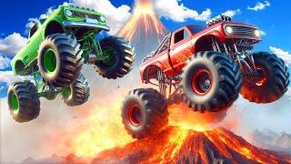 Driving MONSTER TRUCKS to a Volcano to Escape a Flood in BeamNG Drive Mods