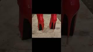 New metal tips on patent booties #asmrheels #metalheels #asmr #highheels #patentbooties #redboots