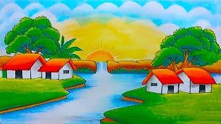 How to Draw Easy Beautiful Landscape Village Drawing  Waterfall Drawing  Sunset Drawing