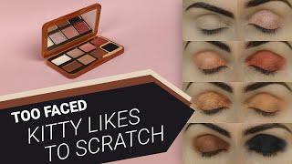 TOO FACED Kitty Likes To Scratch eyeshadow palette - all swatches on eyelids 