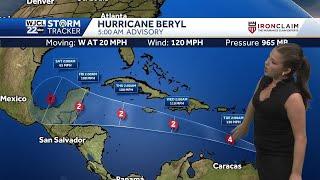 Beryl continues to strengthen as it heads west