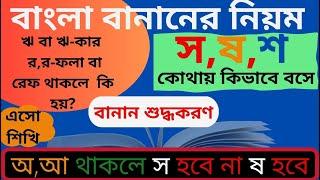 শুদ্ধ বানানে সষশ ব্যবহারের নিয়ম। বাংলা বানান নিয়ম।অআ থাকলে স হবে না ষ হবে। ঋ থাকলে স কি হয় ?