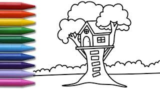 How to draw Cute Easy Tree House for kids - EasyDrawColor- Preschool easy Coloring guide - DrawColor