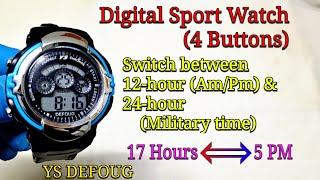 4 Buttons Digital Sport Watch  How to switch between 12-hour and 24-hour military time ?