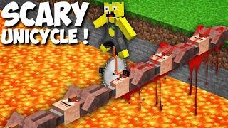 long VILLAGERS BRIDGE vs SCARY UNICYCLE WITH SAW WHEELS in Minecraft  DEADLY BIKE VS VILLAGERS 