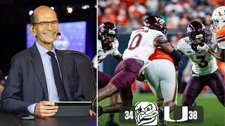 ESPN reacts to Miami 38-34 win over Virginia Tech following a controversial final play