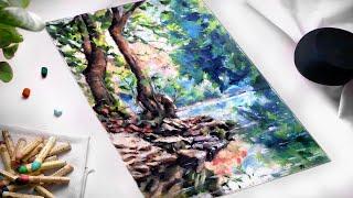 ASMR  Drawing lakeside trees with pastels  no talking