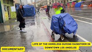 Rainstorm on Skidrow Downtown LA the homeless worst nightmares she will do anything for a fix.