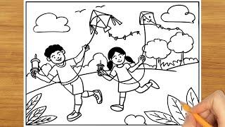 How to Draw Kite Flying Drawing Easy Steps  Makar Sankranti Festival Drawing  #Kite #Festival