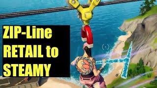 Ride a zipline from steamy stacks to retail row - Fortnite Challenge guide how to