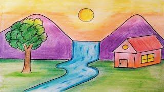 Easy landscape drawing for kids and beginnersLearn house and nature simple painting