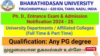 Bharathidasan University Ph.D. Admission Notification 2024-25  Qualification PG degree