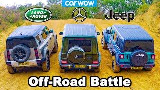 Defender v Mercedes G350 v Wrangler - Up-hill DRAG RACE & Off-road BATTLE