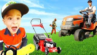 Lawn mowers leaf blower weed wacker for Kids Video  fire truck garbage lorry blippi toys  min