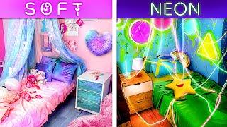 EXTREME ROOM MAKEOVER CHALLENGE  We Built Our Dream Houses Soft Girl vs Neon Girl