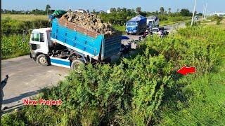 Nice bulldozer and dump trucks start new landfill project with bulldozer pushing soil in action