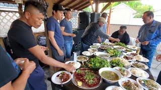 Cooking Lao food in the backyard BBQ Grilled duck Lao pizza Soup -Larb duck eating Lao food.