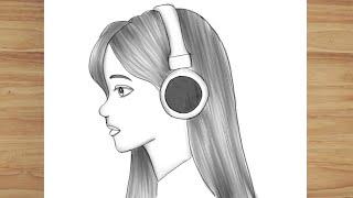 How to draw a Beautiful girl with headphones  pencil sketch  Easy girl drawing  easy trick