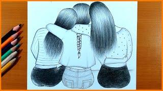 Best friends  How To Draw 3 Friends Hugging Each other  Pencil Sketch Tutorial