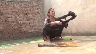 Desi girl cleaning home village.