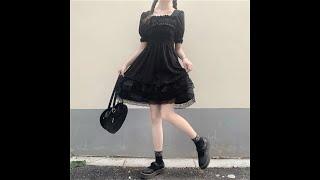 Japanese Lolita Style Women Princess Black Mini Dress Slash Neck High Waist Gothic Dress Puff Sleeve