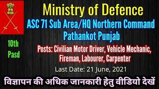 Latest 71 Sub Area HQ Northern Command Recruitment-2021 Pathankot Punjab l Ministry of Defence Jobs